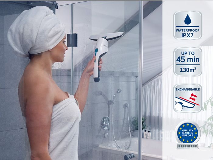 Aspirateur a vitres et salle de bains Leifheit Nemo 51035, lave vitres électrique avec boîtier étanche et support mural, blanc