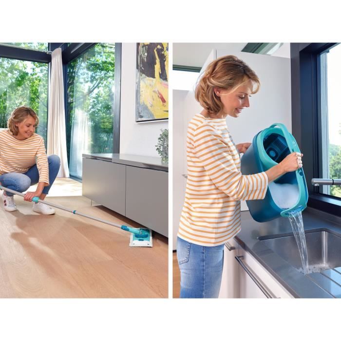 Set lave sol avec seau essoreur Leifheit Clean Twist M Ergo 52120, balais serpillere plat, manche télescopique de 110 a 140 cm