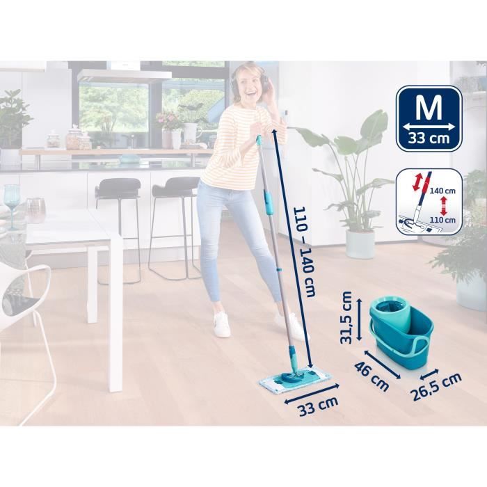 Set lave sol avec seau essoreur Leifheit Clean Twist M Ergo 52120, balais serpillere plat, manche télescopique de 110 a 140 cm
