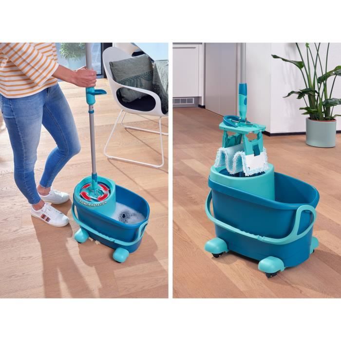 Set lave sol avec seau essoreur a roulettes Leifheit Clean Twist Ergo 52121, balais serpilliere plat, manche télescopique 110-140cm