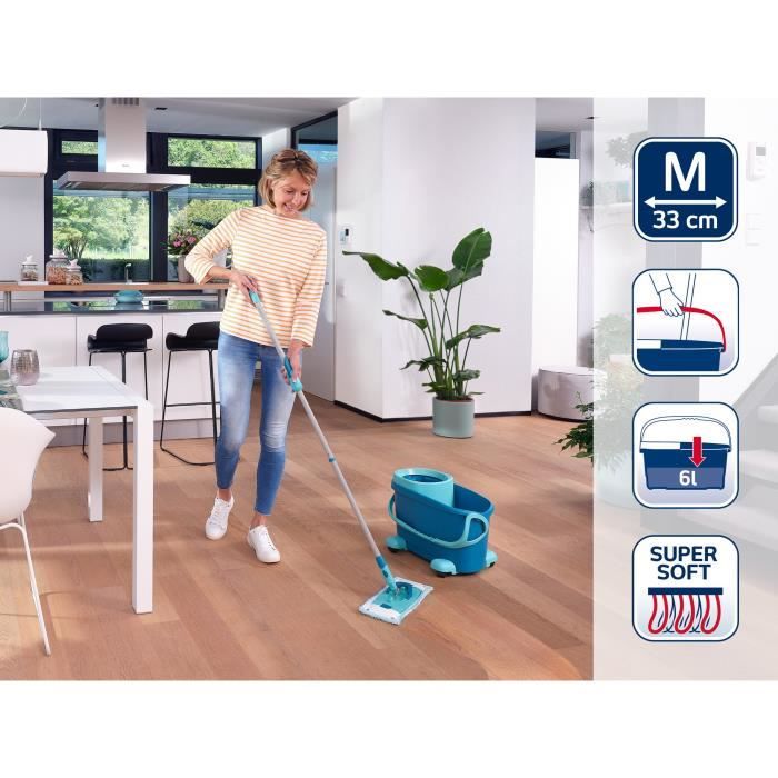 Set lave sol avec seau essoreur a roulettes Leifheit Clean Twist Ergo 52121, balais serpilliere plat, manche télescopique 110-140cm