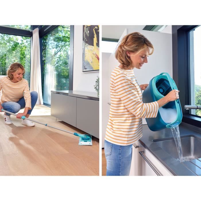 Set lave sol avec seau essoreur a roulettes Leifheit Clean Twist Ergo 52121, balais serpilliere plat, manche télescopique 110-140cm