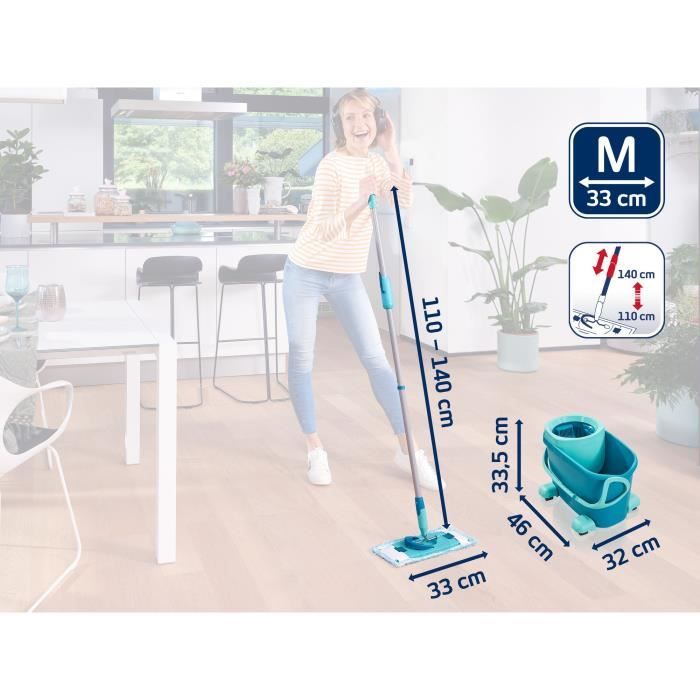 Set lave sol avec seau essoreur a roulettes Leifheit Clean Twist Ergo 52121, balais serpilliere plat, manche télescopique 110-140cm