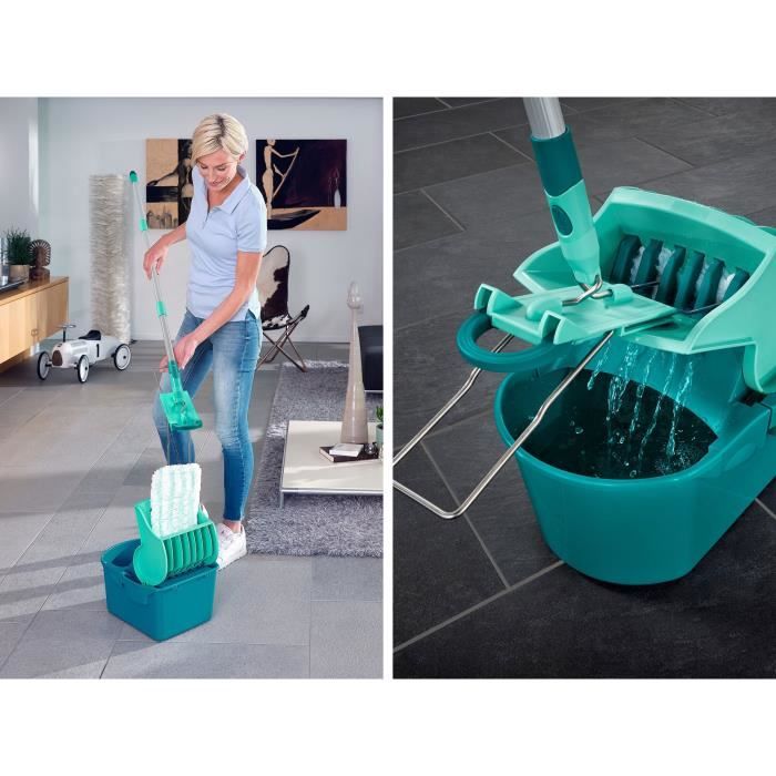 Set lave sol avec seau essoreur Leifheit Profi Compact 55092, balais a plat serpilliere 42cm avec housse idéal pour tous sols lisses