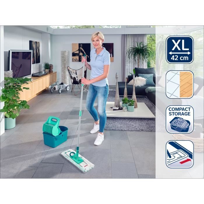 Set lave sol avec seau essoreur Leifheit Profi Compact 55092, balais a plat serpilliere 42cm avec housse idéal pour tous sols lisses