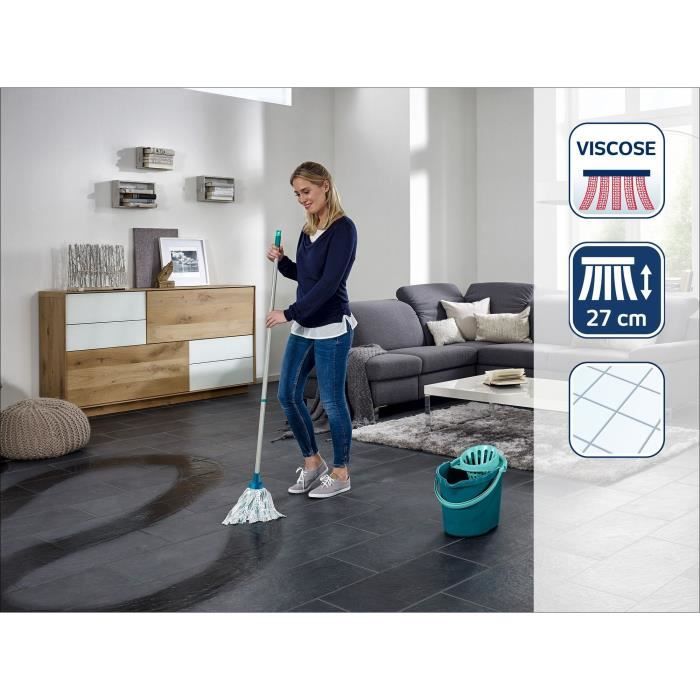Set lave sol avec seau essoreur Leifheit  Classic 56792, balai a franges en viscose tres absorbantes, seau essoreur 12 L, turquoise