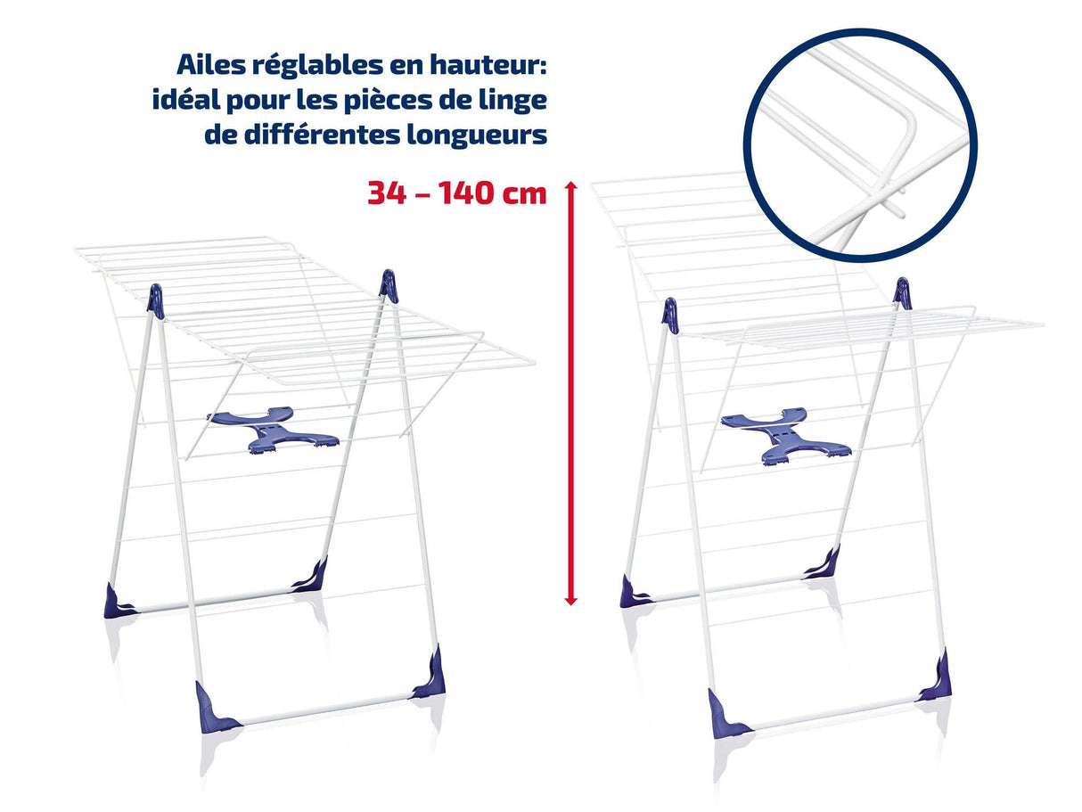 Étendoir a linge Leifheit Classic 200 Flex 81408,  séchoir a linge avec 20m d'étendage et ailettes réglables en hauteur, blanc