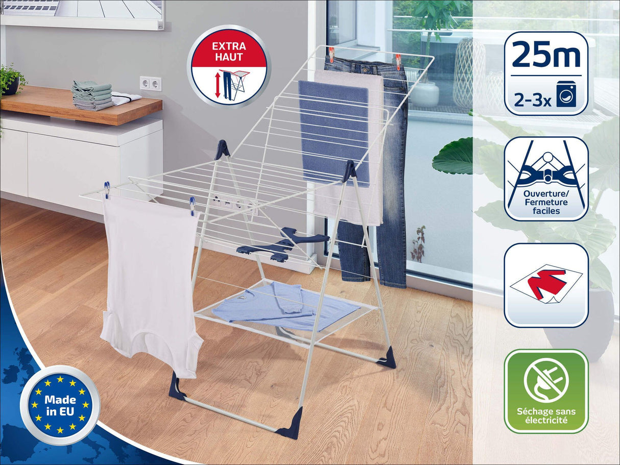 Étendoir a linge Leifheit Classic 250 Flex 81409,  séchoir a linge avec 25m d'étendage et ailettes réglables en hauteur, blanc