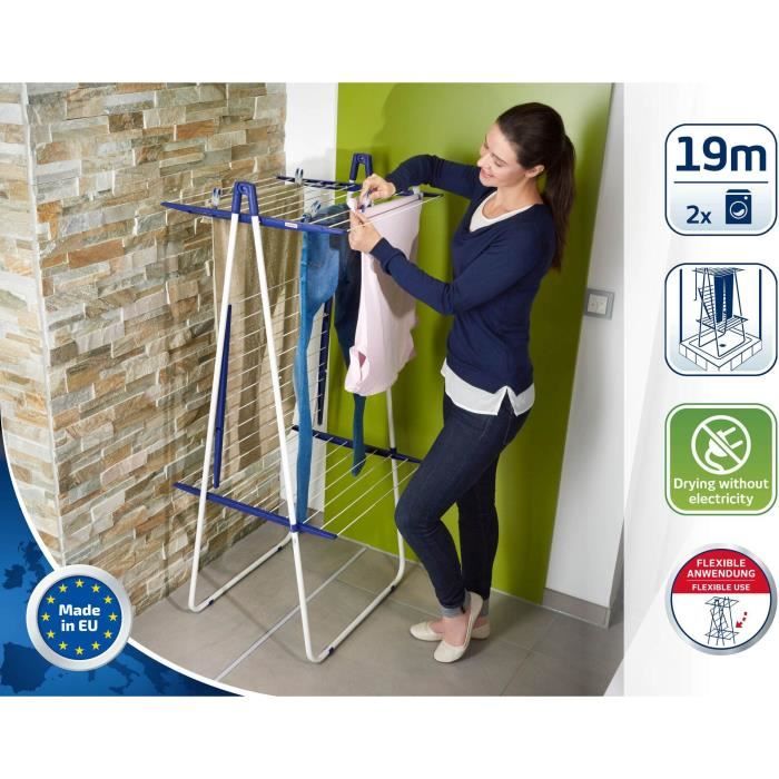 Séchoir a linge Leifheit 190 Pegasus Tower 81435, étendoir a linge a  taille compacte avec 19m d'étendage, tour a 3 niveaux, blanc