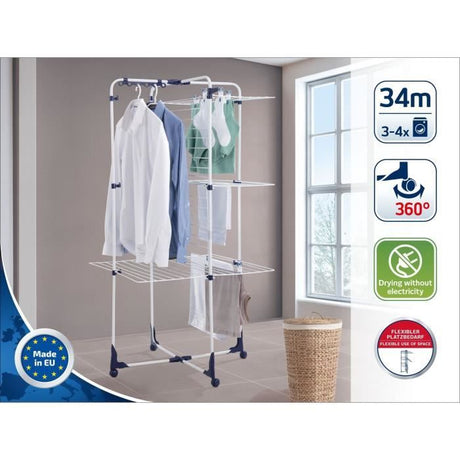 Séchoir a linge Leifheit 340 Classic 81455, étendoir a linge avec 34m d'étendage et cadres rabattables, tour a 3 niveaux, blanc