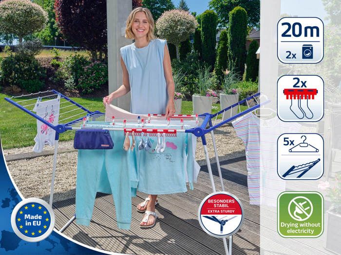 Étendoir a linge Leifheit Pegasus 200 Solid Comfort 81516, séchoir a linge avec 20m d'étendage, tancarville 8 accessoires, blanc