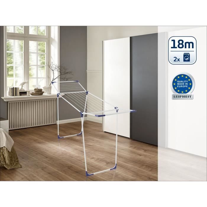 Étendoir a linge Leifheit Classic 180 Solid 81621, séchoir a linge compact avec 18m d'étendage et 4 supports pour cintres, blanc