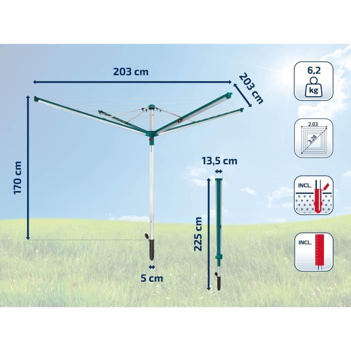 Séchoir parapluie Leifheit Linomatic 500 Deluxe Cover 82007, étendoir jardin avec fils rétractables et 50m d'étendage, housse, vert