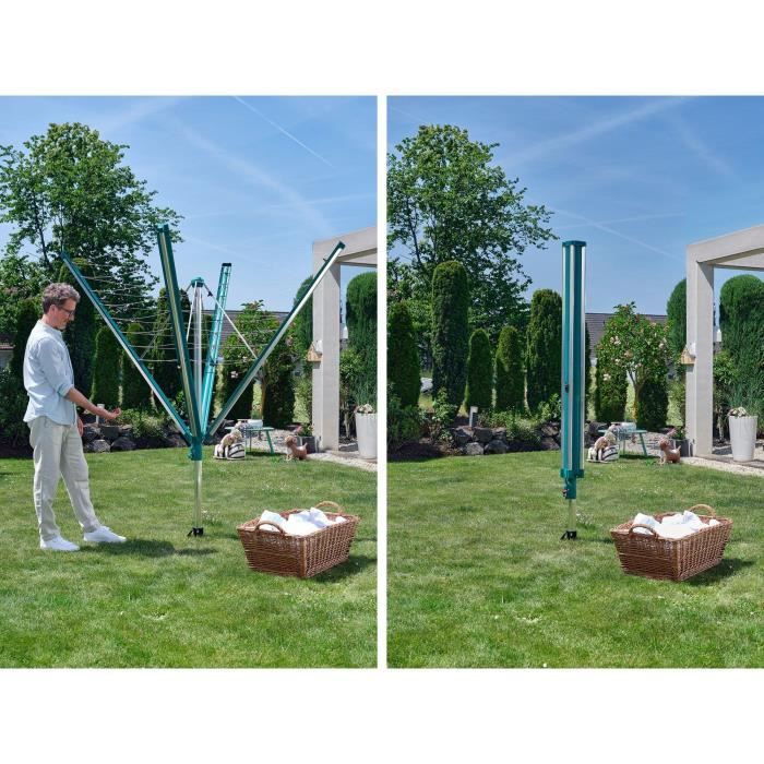 Séchoir parapluie Leifheit Linomatic 500 Deluxe Cover 82007, étendoir jardin avec fils rétractables et 50m d'étendage, housse, vert