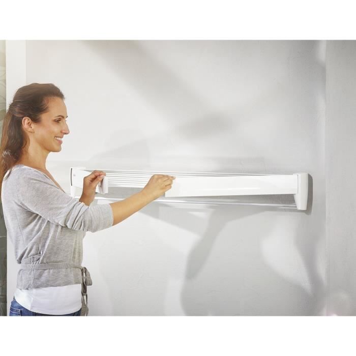 Séchoir mural Leifheit Telegant 36 Protect Plus 83201, étendoir mural dépliable avec 5 barres de 72cm, matériau inoxydable, blanc