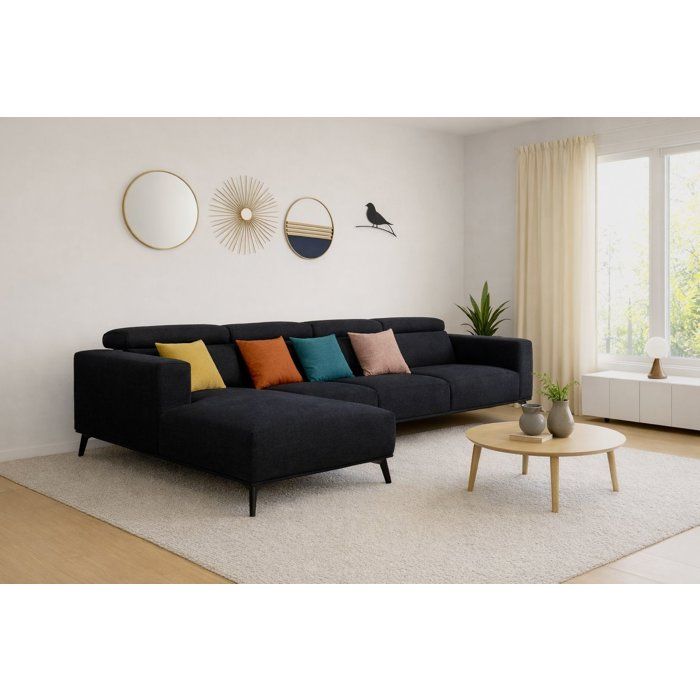 Canapé d'angle modulable - 4 places - LEONIE - Tissu Noir - Têtières ajustables - 357 x 175 x 75 cm