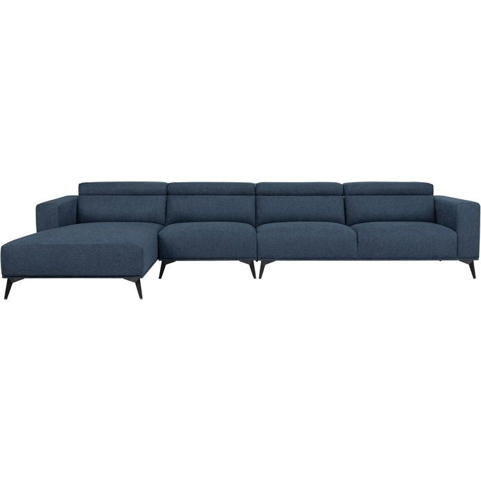Canapé d'angle modulable - 4 places - LEONIE - Tissu Bleu Chambray - Têtières ajustables - 357 x 175 x 75 cm