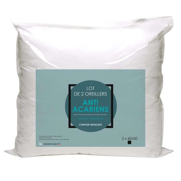 Set of 2 Microfiber Anti-Mite Pillows 60x60cm