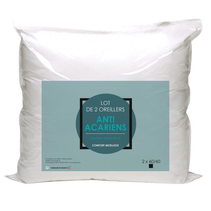 Lot de 2 Oreillers Microfibre - BLANREVE - Anti-Acariens - 60 x 60 cm - Blanc