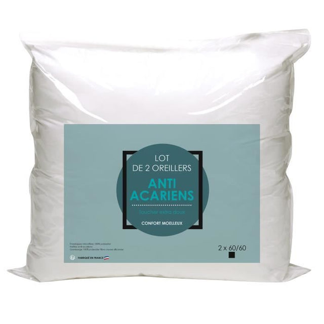Lot de 2 Oreillers Microfibre - BLANREVE - Anti-Acariens - 60 x 60 cm - Blanc