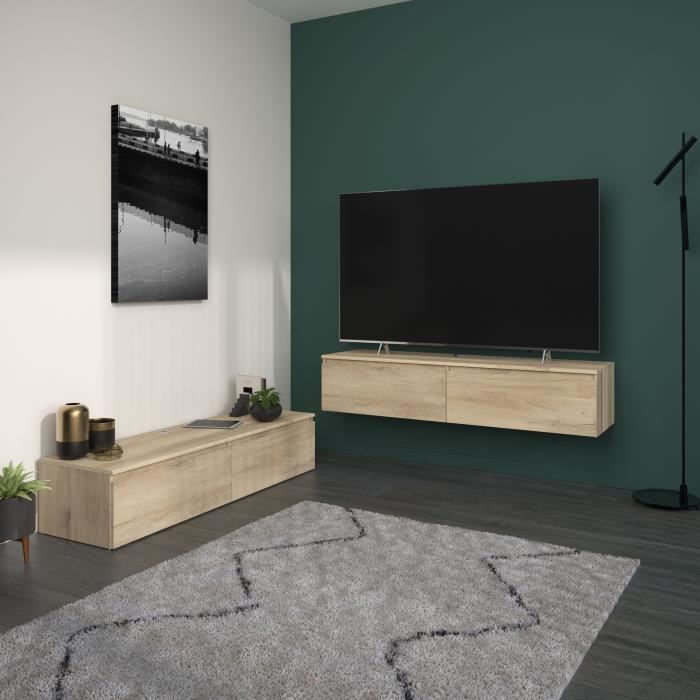 Meuble TV 2 tiroirs a suspendre ou a poser - LEVIATHAN - Décor Chene - 138,5 x 40 x 29 cm - PARISOT