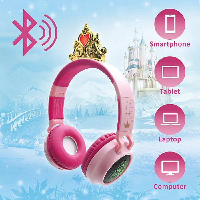 LEXIBOOK - Casque lumineux pliable Bluetooth et filaire Princesses Disney avec limitation du volume