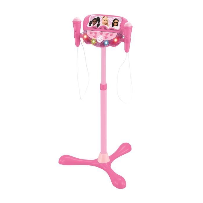 Microphone Barbie sur pied ajustable lumineux avec enceinte, 2 Micros et Effets vocaux, Enceinte Bluetooth