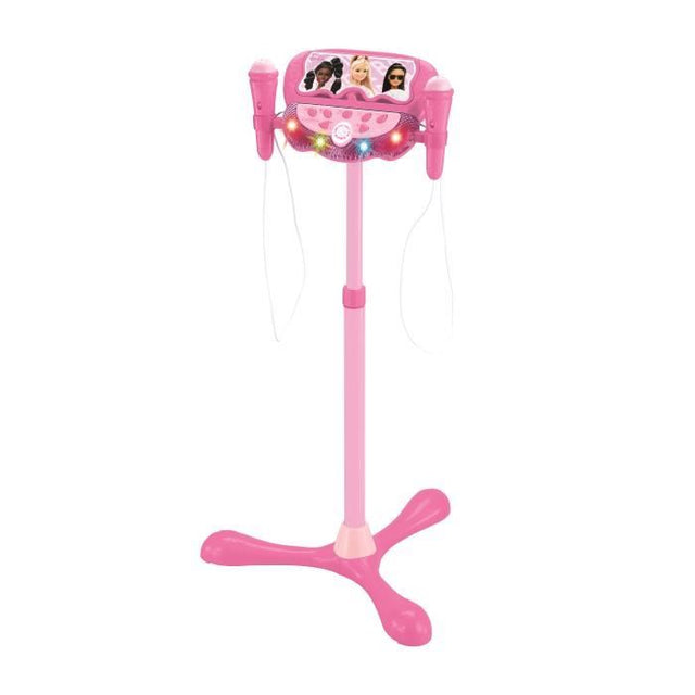 Microphone Barbie sur pied ajustable lumineux avec enceinte, 2 Micros et Effets vocaux, Enceinte Bluetooth