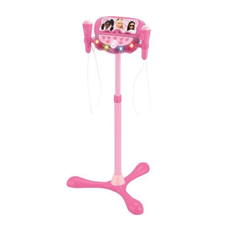 Microphone Barbie sur pied ajustable lumineux avec enceinte, 2 Micros et Effets vocaux, Enceinte Bluetooth