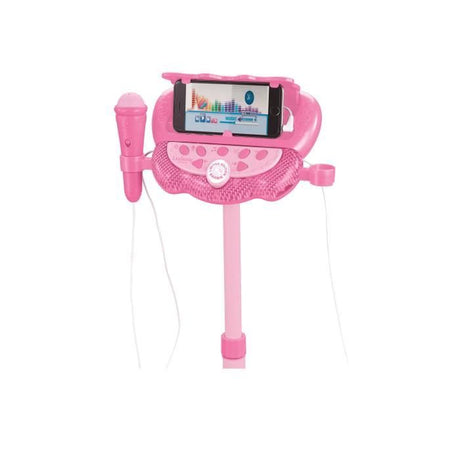 Microphone Barbie sur pied ajustable lumineux avec enceinte, 2 Micros et Effets vocaux, Enceinte Bluetooth