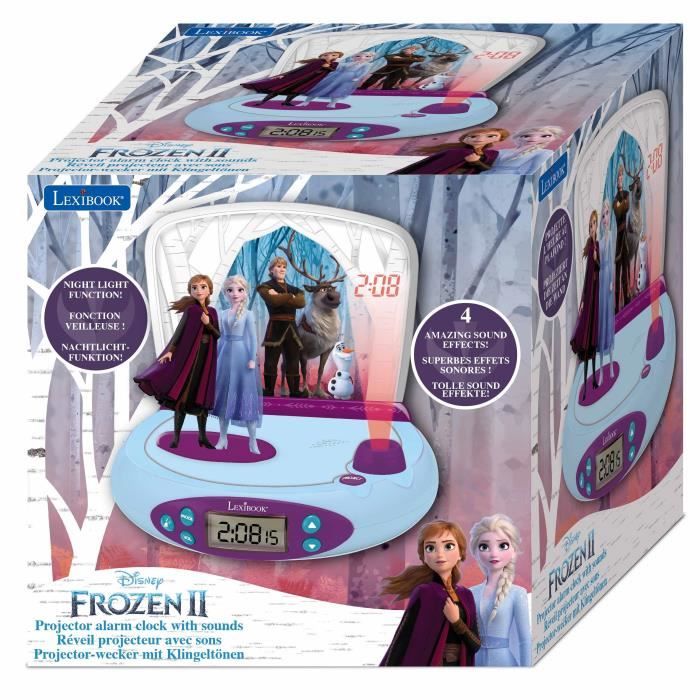 Lexibook - Réveil-projecteur Reine des neiges - Fonction Alarme et répétition Snooz - Veilleuse avec minuterie - Ecran LCD - Piles
