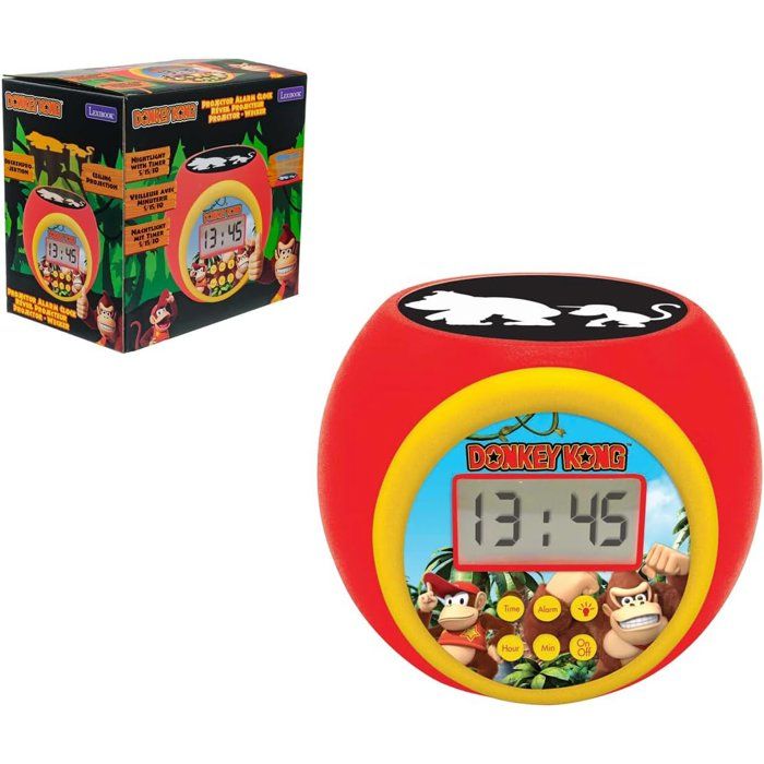 Lexibook - Réveil-projecteur Donkey Kong - Fonction Alarme et répétition Snooz - Veilleuse avec minuterie - Ecran LCD - Piles
