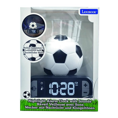 LEXIBOOK - Réveil veilleuse Football - Sons et mélodies, écran LCD rétro-éclairé et lumineux - Blanc, Noir