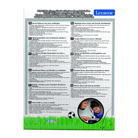 LEXIBOOK - Réveil veilleuse Football - Sons et mélodies, écran LCD rétro-éclairé et lumineux - Blanc, Noir