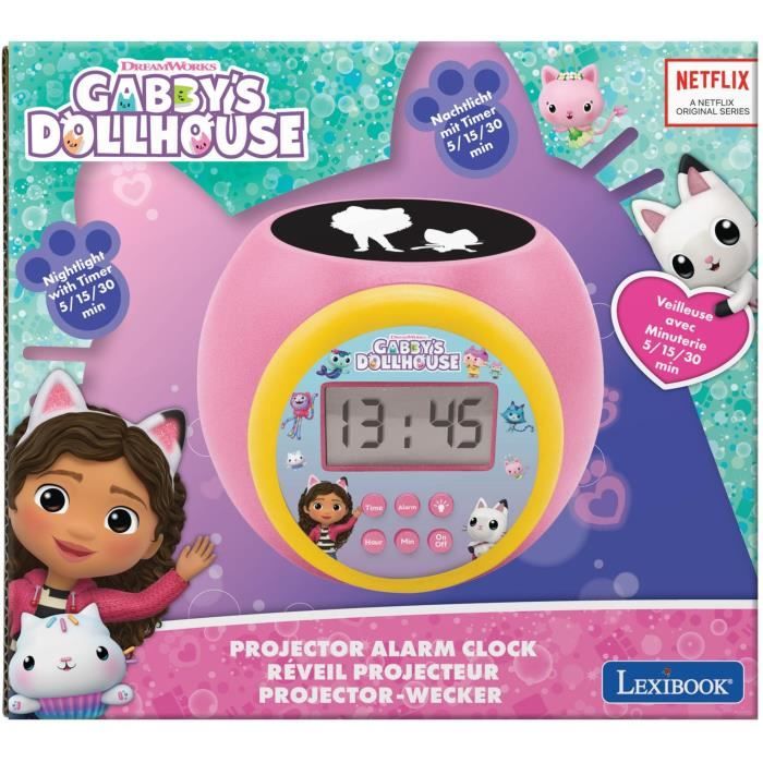 Lexibook - Réveil-projecteur Gabby - Fonction Alarme et répétition Snooz - Veilleuse avec minuterie - Ecran LCD - Piles