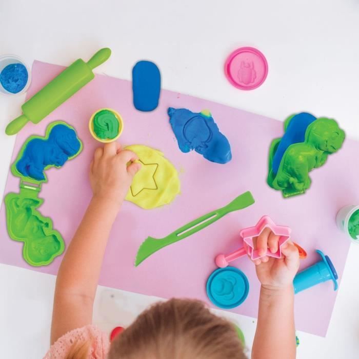 LEXIBOOK CRAZART - Kit de dinosaures en pâte a modeler malléable et fluorescente - Bleu Violet Rouge Orange Vert Jaune Rose,