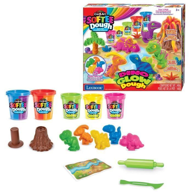 LEXIBOOK CRAZART - Kit de dinosaures en pâte a modeler malléable et fluorescente - Bleu Violet Rouge Orange Vert Jaune Rose,