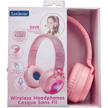 LEXIBOOK - Casque lumineux pliable Bluetooth et filaire avec un design 3D strass roses avec limitation du volume