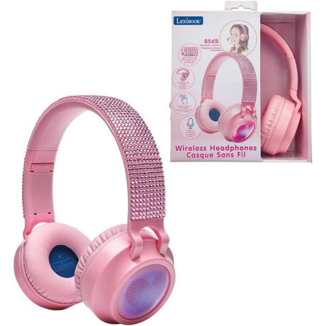 LEXIBOOK - Casque lumineux pliable Bluetooth et filaire avec un design 3D strass roses avec limitation du volume