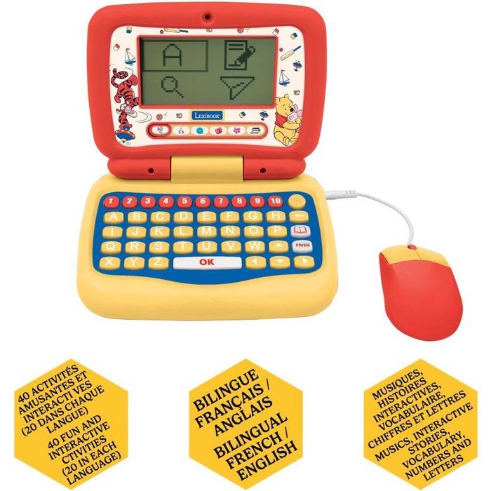 LEXIBOOK - Ordinateur portable éducatif Winnie l'ourson parlant bilingue - 40 activités en français et anglais