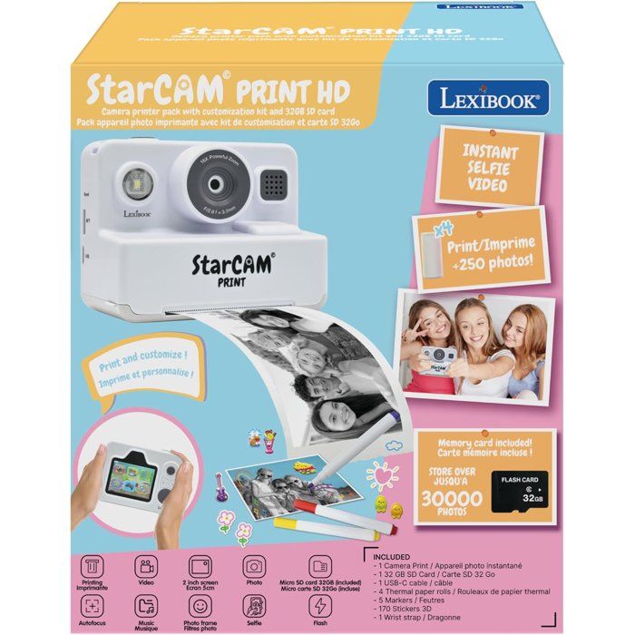 Lexibook - StarCAM Print - Appareil instantané - Fonctions Photo et vidéo, Carte Micro-SD 32Go et kit de Personnalisation