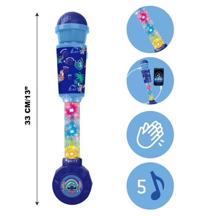Microphone Stitch lumineux, enceinte (entrée auxiliaire), mélodies et effets sonores