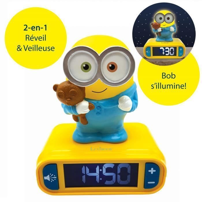LEXIBOOK - Réveil veilleuse Les Minions - Sons et mélodies, écran LCD rétro-éclairé et lumineux - Jaune