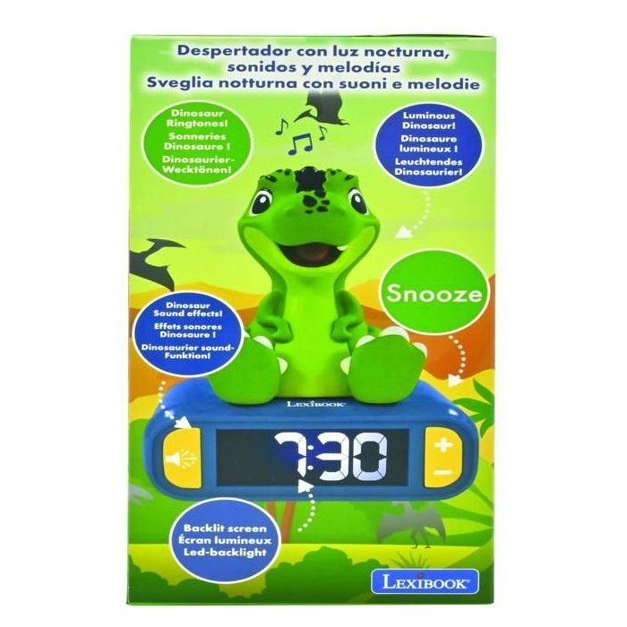 LEXIBOOK - Réveil veilleuse Dino - Sons et mélodies, écran LCD rétro-éclairé et lumineux - Vert