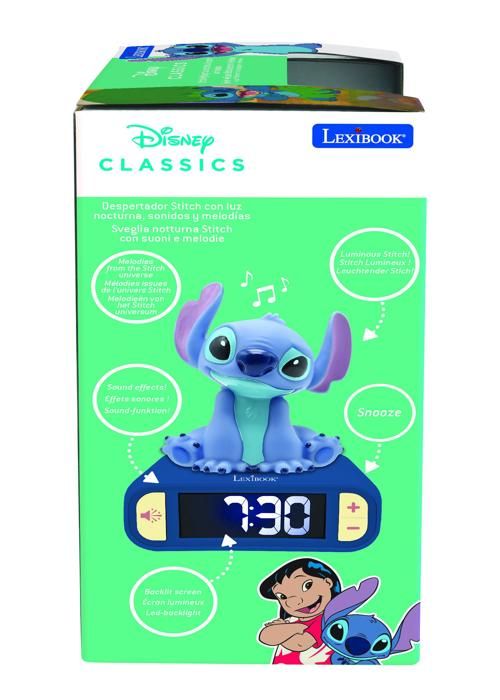LEXIBOOK - Réveil veilleuse Stitch - Sons et mélodies, écran LCD rétro-éclairé et lumineux - Bleu