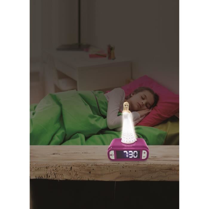 LEXIBOOK - Réveil veilleuse Elsa La Reine des Neiges - Sons et mélodies, écran LCD rétro-éclairé et lumineux - Blanc, Violet