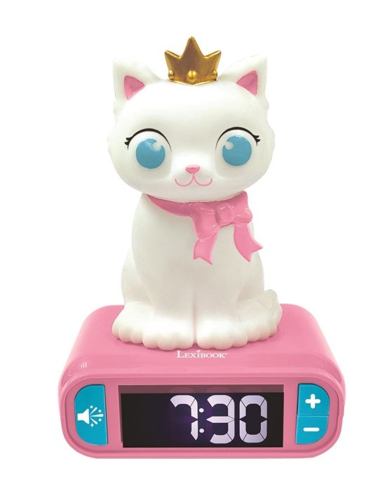 LEXIBOOK - Réveil veilleuse Chat - Sons et mélodies, écran LCD rétro-éclairé et lumineux - Blanc, Rose