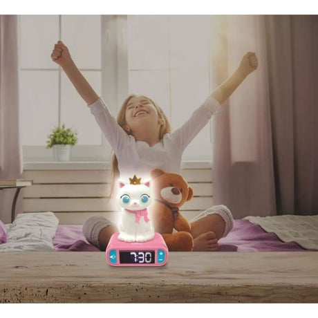 LEXIBOOK - Réveil veilleuse Chat - Sons et mélodies, écran LCD rétro-éclairé et lumineux - Blanc, Rose