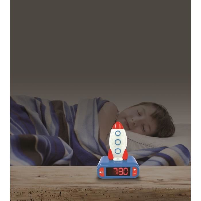 Réveil veilleuse digital LEXIBOOK - Fusée - 3D lumineux et sonore - Bleu, blanc et rouge - Enfant
