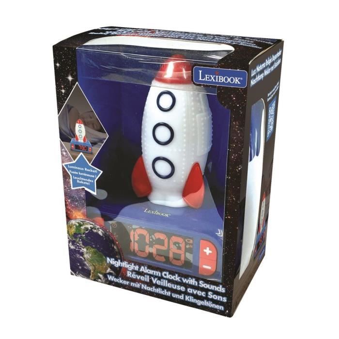 Réveil veilleuse digital LEXIBOOK - Fusée - 3D lumineux et sonore - Bleu, blanc et rouge - Enfant